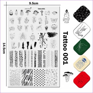 Stamping Plate JR Tattoo 001 Cogumelos, Gatos, Borboleta, Chave, Vela, Lua, Estrelas, Mãos, Cobra, Pena, Abelha, Padrões, Mais, Linhas, Figuras Uprettego