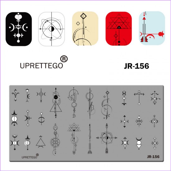 Geometria płytki stemplowej, wzory, punkty kardynalne, kompas, trójkąty, koła, linie, księżyc, kropki, strzałki, wzór ornamentu JR-156-3206-uprettego-cechowanie