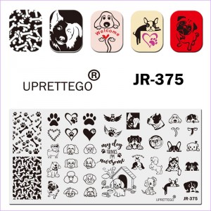 Stamping plate JR-375 Uprettego dogs, paws, muzzles, booth, bones, paw print. patterns