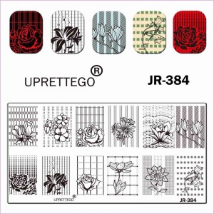 Пластина для стемпінга JR-384 квіти, візерунки, орнаменти, троянди, лілії, смуги, точки, клітини Uprettego