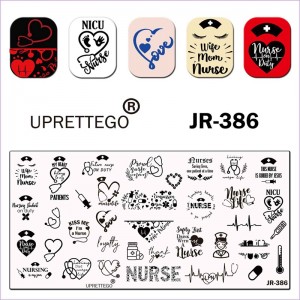 Stempelen plaat JR-386 uprettego Verpleegkundige, spuit, medicijnen, phonendoscoop, cardiogram, hart, zinnen in het Nederlands