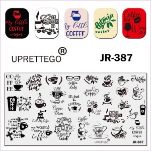 Stamping plate JR-387 coffee, cups, mugs, glass, heart, coffee grinder, glasses, glass. cross, phrases in english uprettego