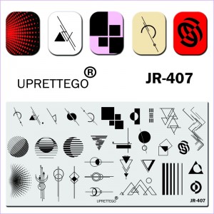 Stempelen plaat JR-407 uprettego geometrie, vormen, patronen, ornament, cirkels, driehoeken, strepen, vlekken