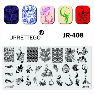 JR-408 Feuervogel Stempelplatte, Muster, Ornament, Pflanzen, Blumen, Federn, Infinity Uprettego