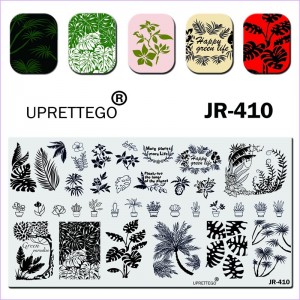 JR-410 Uprettego Stamping Platte Blumen, Topfpflanzen, Farn, Palmen, Ananas, Schriftzug