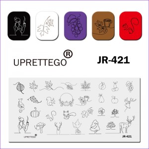 Stempelen plaat JR-421 meisje, druiven, fruit, pompoen, bladeren, bomen, herten, eekhoorn, vos, dieren, mok Uprettego