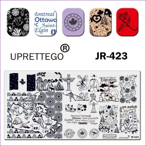 Пластина для стемпинга JR-423 Uprettego Канада. надписи, флаг, хоккей, символика, лось, медведь, лес, штампы, клен, клюшка, коньки, варежки