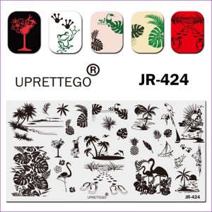 Stamping plate JR-424 palm trees, leaves, beach, flamingos, sunset, cocktails, frogs, parrots, flowers, plants, flip-flops, rest Uprettego