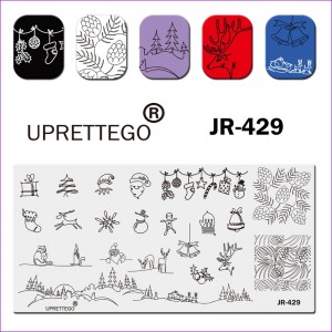 Stamping plate JR-429 Uprettego winter, New year, Santa Claus, gifts, cones, Christmas trees, deer, snowman, bell, mittens