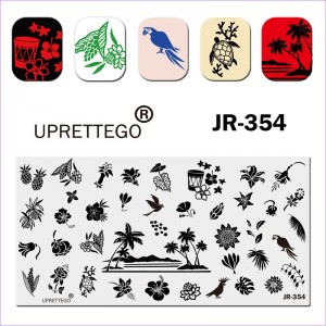 Пластина для стемпінга листя, пальма, папуга, квіти, кошик, птах, черепаха, відпочинок, пляж, ананас JR-354