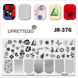  Płytka do stemplowania Uprettego JR-376 kwiaty, rośliny, paproć, motyl, ważka, wzory, geometria, kształty, paski