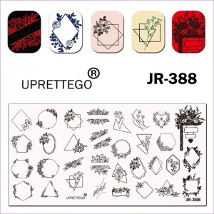  Płytka do stempli Uprettego JR-388 kwiaty, wianki, geometria, kształty, koło, rośliny, serce ołówek, romb, trójkąt, ramka z kwiatami