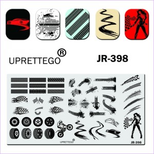 Stamping Platte Uprettego JR-398 Reifen, Gummi, Protektoren, Rennen, Mädchen, Motorradfahrer, Maschinen