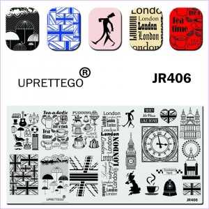 Пластина для стемпинга Uprettego JR-406 Англия, флаг, зонтики, чай, кексы, надписи, часы, символика, здания, чашки, колесо обозрения