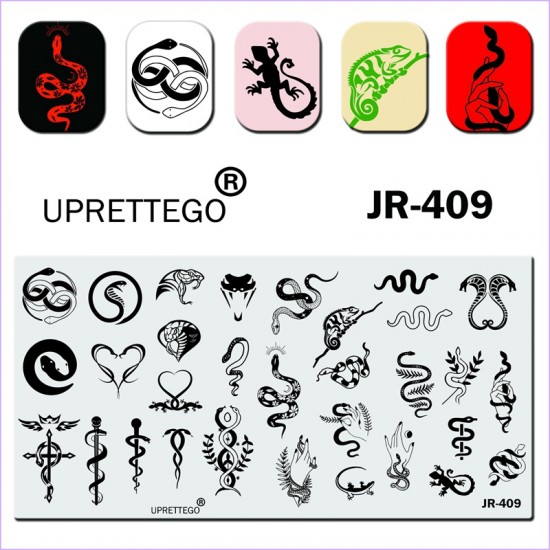 Uprettego JR-409 stampen plaat slangen, cobra, zwaard, dolk, kruis, kameleon, varen, hagedis, hand, planten, 952772171, UPRETTYGO stampen, schoonheid en gezondheid. Alles voor schoonheidssalons, alles voor manicure, gelvernissen, koop in Oekraïne