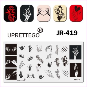 Placa de estampado uprettego JR-419 manos, huesos, esqueleto, corazón, rosas, calavera, flores, signos, marcas de garras