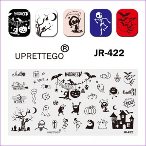 Пластина для стемпінга Uprettego JR-422 Хеллоуїн, Гарбузи, скелети, кажани, приведення, кладовище, надгробки, павутина, 31 Жовтня