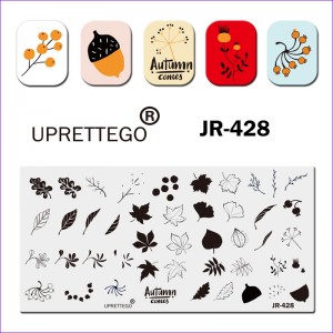 Placa de estampado uprettego JR-428 plantas, hojas, bayas, Fresno de montaña, fruta, otoño, arce, bellota, rosa mosqueta