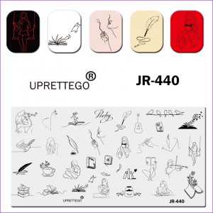 Пластина для стемпинга Uprettego JR-440 девушки, женщины, цветы, письма, рукопись, перо, книги, чашка, птицы, гитара, чтение, творчество, скрипка