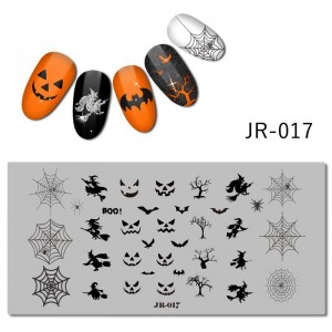 Пластина для печати на ногтях JR-017, Хелоуин, ведьма, паутина, маска, паук, привидение, дерево, страх