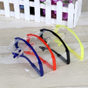 Safety glasses, transparent, yellow frame, adjustable arm, eye protection