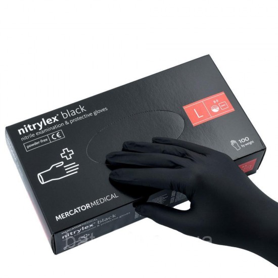 Handschoenen Nitrylex® Zwart, Zwart L, 100 stuks, 50 paar, nitril, niet-steriel, beschermend, onderzoek, voor meesters, huidbescherming-6114-Mercator Medical-Verbruiksartikelen