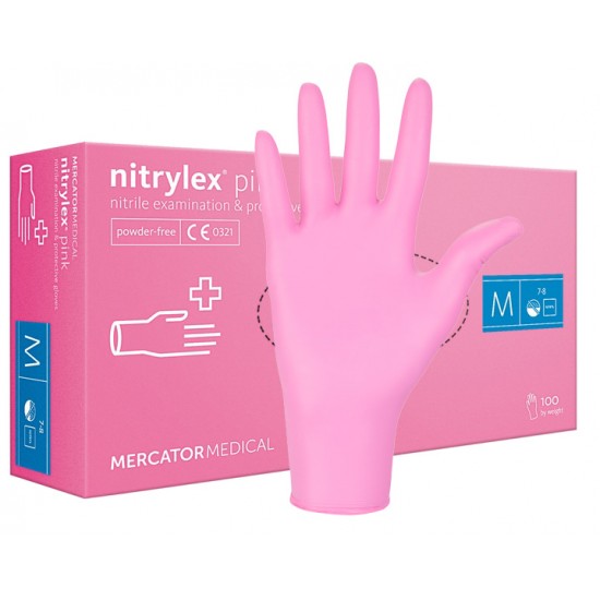 Rękawiczki Nitrylex® Pink, Pink, M, 100 szt., 50 par, nitrylowe, niejałowe, ochronne, egzaminacyjne, dla majsterkowiczów, ochrona skóry-6117-Mercator Medical-Materiały eksploatacyjne