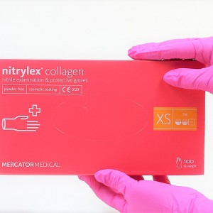 Перчатки Nitrylex® Collagen, Ярко Розовый, XS, 100 шт, 50 пар, нитриловые, не стерильные, защитные, смотровые, для мастеров, защита кожи