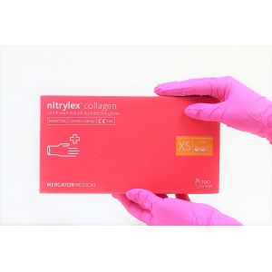  Рукавички Nitrylex Collagen, Ярко Рожевий, XS, 100 шт, 50 пар, нітрилові, не стерильні, захисні, оглядові, для майстрів, захист шкіри