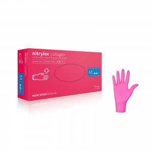 Rękawiczki Nitrylex® Collagen, Hot Pink, M, 100 szt., 50 par, nitrylowe, niejałowe, ochronne, egzaminacyjne, dla majsterkowiczów, ochrona skóry