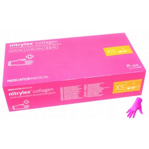  Рукавички Nitrylex Collagen, Ярко Рожевий, XS, 100 шт, 50 пар, нітрилові, не стерильні, захисні, оглядові, для майстрів, захист шкіри