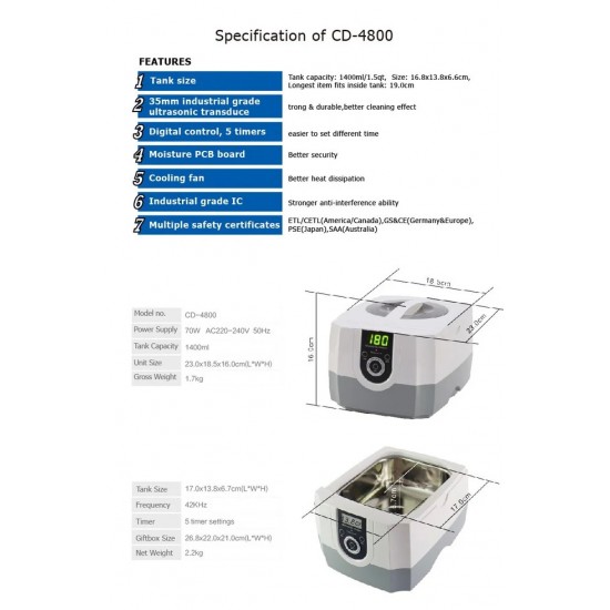 Ultraschallbad Codyson, Ultrasonic Cleaner, 4800, Original, 1,4l, 70W, Zertifikat, LED-Anzeige, 42 kHz,-3602-Codyson-Sterilisatie en desinfectie