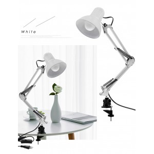 Lámpara de mesa en una abrazadera, con un clip, con un soporte, en una mesa, un estante, para manicura, para leer, en la oficina, en el salón carsota, blanco