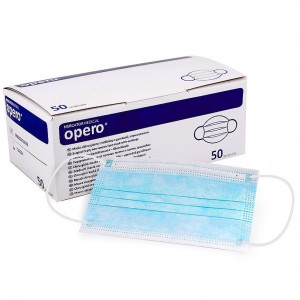 Mascarilla médica desechable de tres capas con bandas elásticas de material no tejido soplado en fusión, spunbond (50 uds.). Azul, Opero, Mercator, Polonia