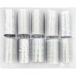 Set of wide foil for nail design 50 cm 10 pcs SILVER LACE, MAS087