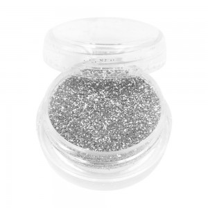 Glitter in einem Glas Silber. Randvoll, praktisch für den Mastercontainer. Fabrikverpackung. Partikel 1/128 Zoll