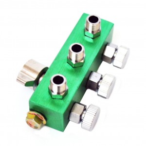 3-channel air splitter with hose nuts.