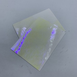  AFNAME! Holografische TRANSPARANTE stickers 8*6 cm GELE VLAM (gedeeltelijk afgepeld), MAS015