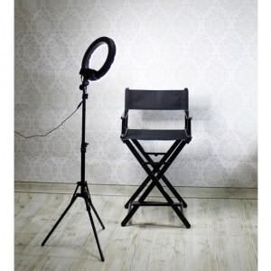 Mobile make-up chair, aluminum, for on-site work, wide footrest, folding, for photo studios