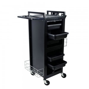 Black hairdresser's assistant with shelves and holders