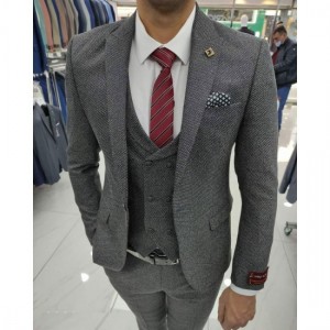 Men's classic three-piece suit light gray textured fabric with the addition of elastane 46 size