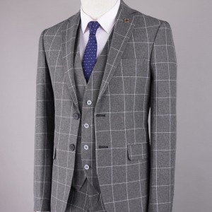 Three-piece wedding suit for the groom, fitted checkered suits, sizes 44-56, light gray with white threads.