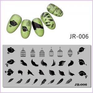 Пластина для печати на ногтях JR-006, птичка в клетке, папугай, перья, клетка