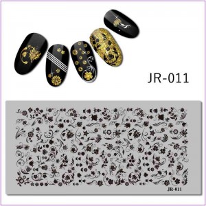  Plaque d'impression pour ongles JR-011, monogrammes, fleurs, feuilles, motifs