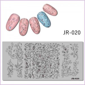 Пластина для друку на нігтях JR-020, вензелі, візерунки, квіти, листя