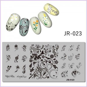 JR-023 nail printing plate, monograms, patterns, flowers, leaves, ornament, birds, butterflies, notes