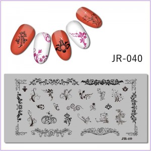 JR-040 Nail Printing Plate Verzel Ornament Flowers Leaves Original Curls Pattern