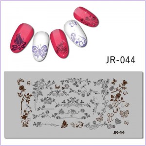 JR-044 Nail Printing Plate Rose Leaves Thorns Butterfly Dragonfly Heart Monograms