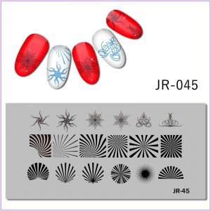 Пластина для печати на ногтях JR-045, зебра, текстура зебры, ракушка, квадра, круг 