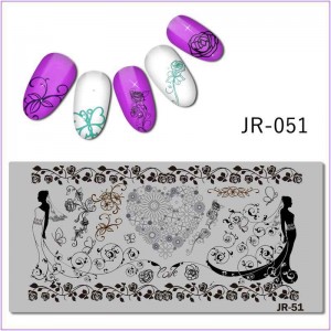 Пластина для печати на ногтях JR-051, кружево, роза, платье, фата, вензеля, сердце, листья розы, невеста, свадьба, любовь